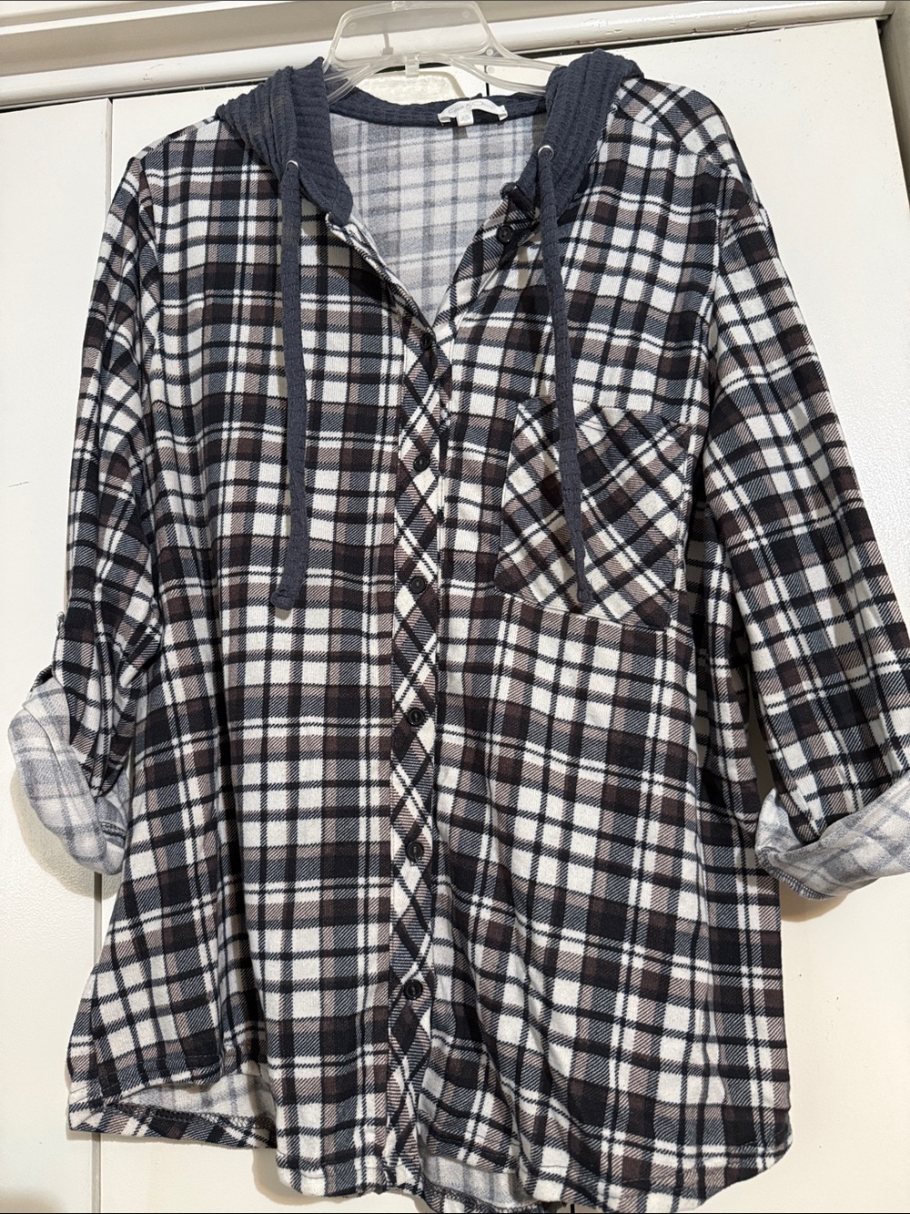 Eden & Olivia Black, White and Brown Plaid Button-Down Hooded Shirt